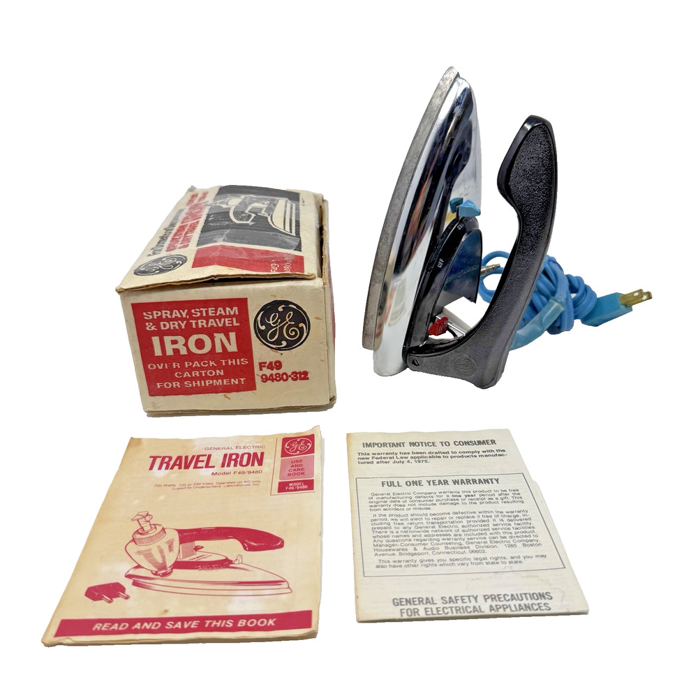 Vintage GE Travel Iron Spray Steam & Dry Travel F49 w/ Box Missing Spray Works